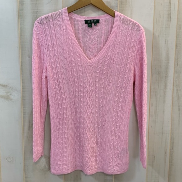 Lauren Ralph Lauren Pink V Neck Sweater Linen M - Picture 1 of 3